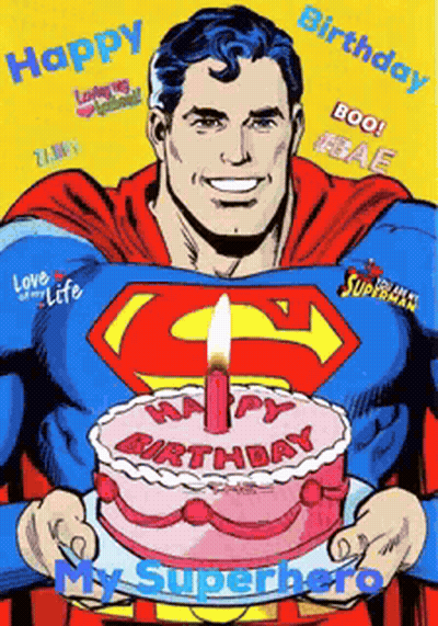Superman Holding Birthday Cake With Candle GIF