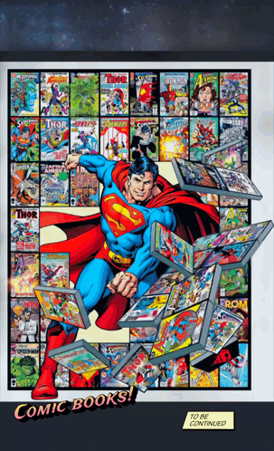 Superman Poster Surrounded By Comic Books To Be Continued GIF