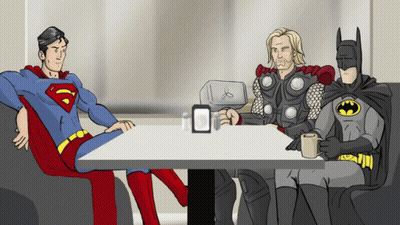 Superman Thor And Batman Sitting At Table Drinking Coffee GIF