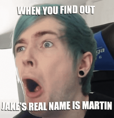 Surprised Blue-Haired Man Finding Out Jake's Real Name GIF