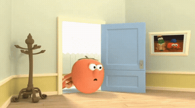 Surprised Cartoon Tomato Standing In Doorway GIF