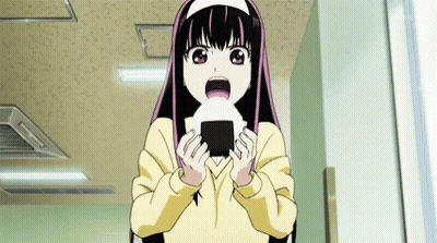 Surprised Girl With Long Black Hair Holding Onigiri GIF