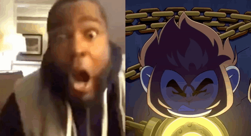 Surprised Man Next To Cartoon Monkey GIF