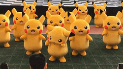 Surprised Multiple Pikachu Mascots Dancing GIF