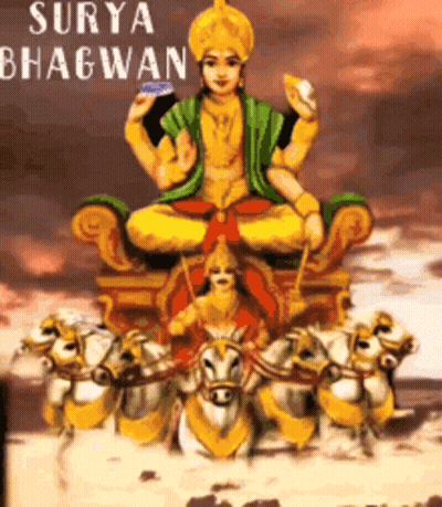 Surya Bhagwan Sitting On Throne Surrounded By Horses GIF
