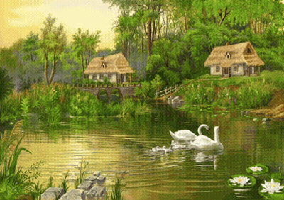 Swans Swimming In Lake With House GIF