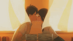 Sweet Anime Kissing Couple Behind Curtain GIF