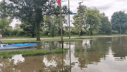 Sweet Lady Riding Boat In Monsoon Flood GIF