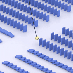 Swinging Pendulum Knocking Down Dominoes GIF