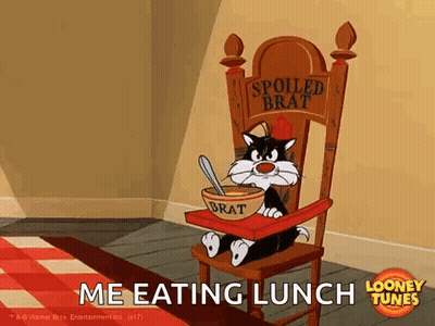 Sylvester Cat Sitting In High Chair With Bowl And Spoon GIF