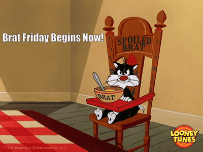 Sylvester Sitting On High Chair With Bowl Of Brat GIF