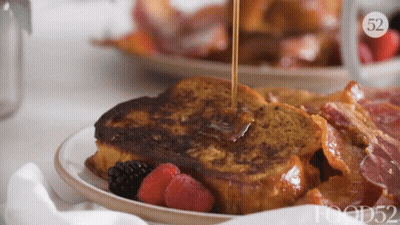Syrup Poured On French Toast With Berries And Bacon GIF