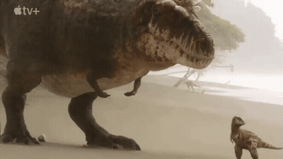 T-Rex And Baby T-Rex On Sandy Beach With Apple TV+ Logo GIF