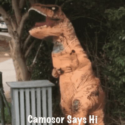 T-Rex Costume Saying Camosor Says Hi