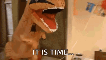 T-Rex Dinosaur Party Mascot It Is Time GIF