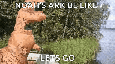 T-Rex In Costume Next To River GIF