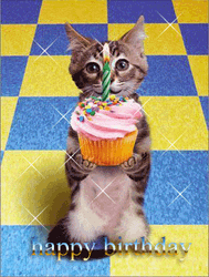 Tabby Birthday Cat Holding Cupcake