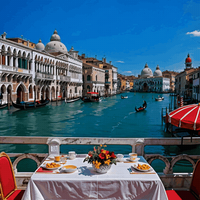 Table With Food And Flowers Overlooking Canal GIF