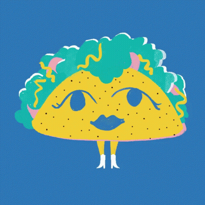 Taco With Curly Hair And Face On Blue Background GIF