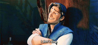 Tangled Character Surrounded By Knives Saying I Don't Sing GIF