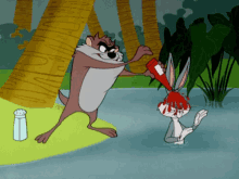 Tasmanian Devil Putting Ketchup On Bunny GIF