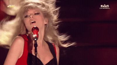 Taylor Swift Singing Into Microphone In Blue Dress GIF