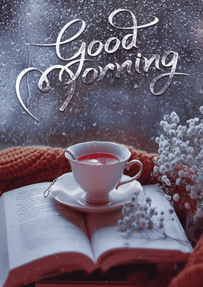 Tea Cup On Open Book By Window Saying Good Morning GIF