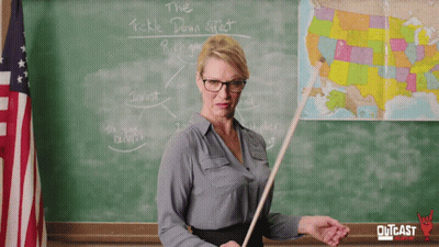 Teacher In Front Of Blackboard Telling Tickle Down Effect GIF