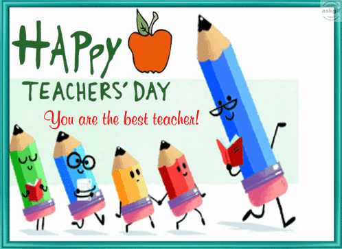 Teacher's Day Greeting Card With Pencils And Apples GIF