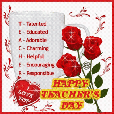 Teacher's Day Greeting Card With Roses And Heart GIF