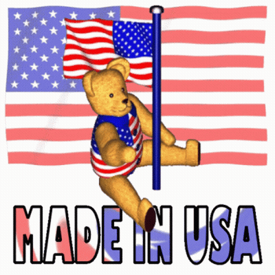 Teddy Bear Hanging From Pole In Front Of American Flag Made In USA GIF