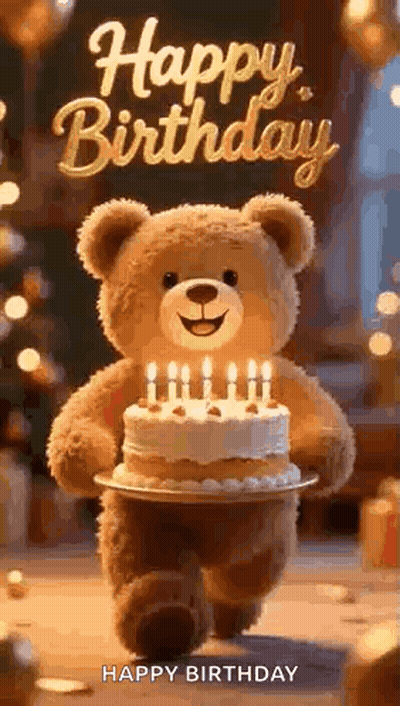 Teddy Bear Holding Birthday Cake Saying Happy Birthday GIF