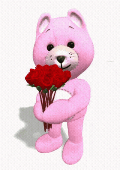 Teddy Bear Holding Bouquet Of Red Roses GIF