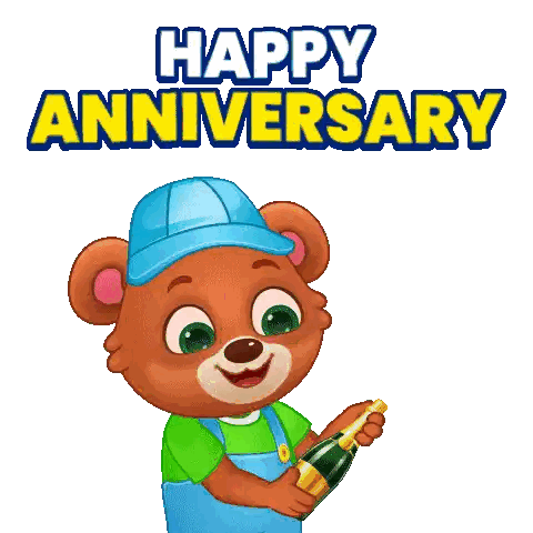 Teddy Bear Holding Champagne Spray Happy Anniversary Sticker