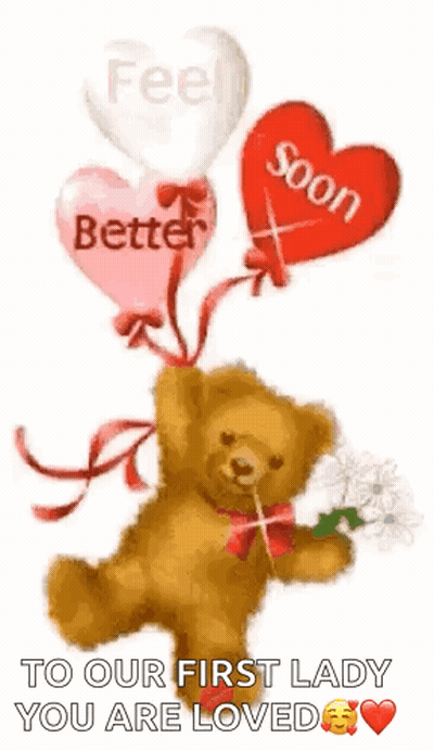 Teddy Bear Holding Flowers and Balloons Saying Better Soon