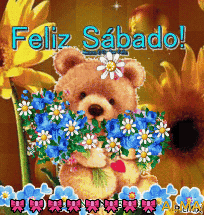 Teddy Bear Holding Flowers Feliz Sabado GIF
