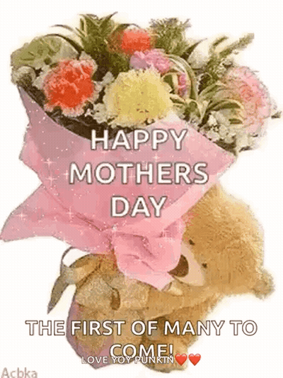 Teddy Bear Holding Flowers Saying Happy Mother's Day GIF