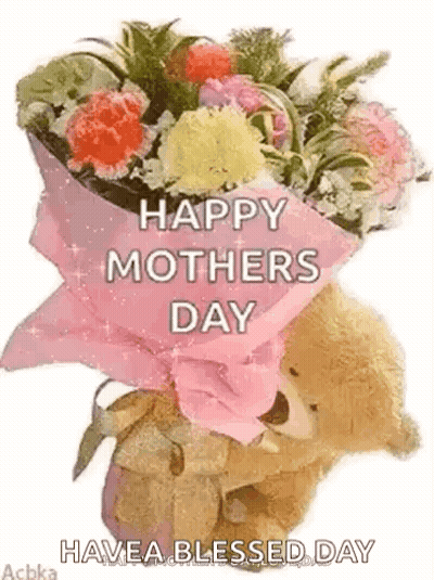 Teddy Bear Holding Flowers Wishing Happy Mother's Day GIF