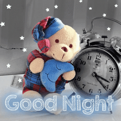 Teddy Bear Holding Moon Beside Alarm Clock Saying Good Night GIF