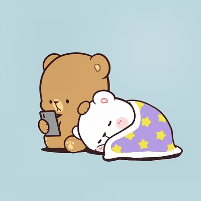 Teddy Bear Holding Phone Next To Sleeping Bear GIF