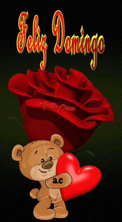 Teddy Bear Holding Red Heart Next To Rose Saying Feliz Domingo GIF