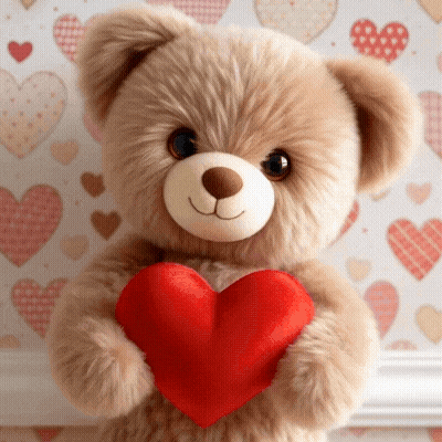 Teddy Bear Holding Red Heart On Heart Wall GIF