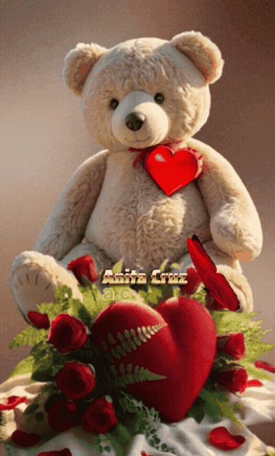 Teddy Bear Holding Red Heart Surrounded By Roses GIF