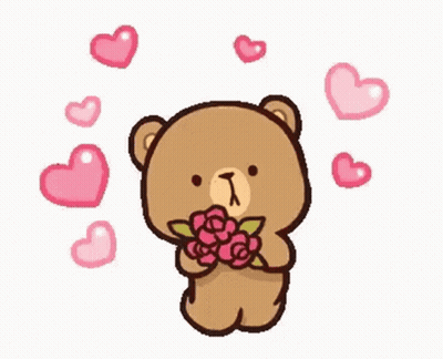 Teddy Bear Holding Roses Surrounded By Pink Hearts GIF