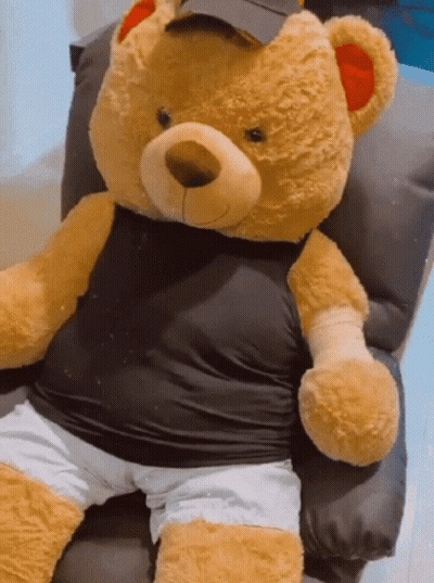 Teddy Bear In Black Shirt And White Shorts Sitting In Chair GIF