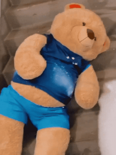 Teddy Bear In Blue Shirt And Shorts Sitting On Stairs GIF