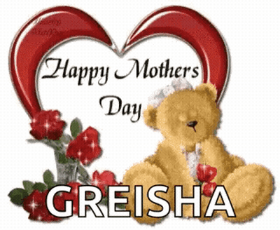 Teddy Bear In Front Of Happy Mothers Day Heart GIF