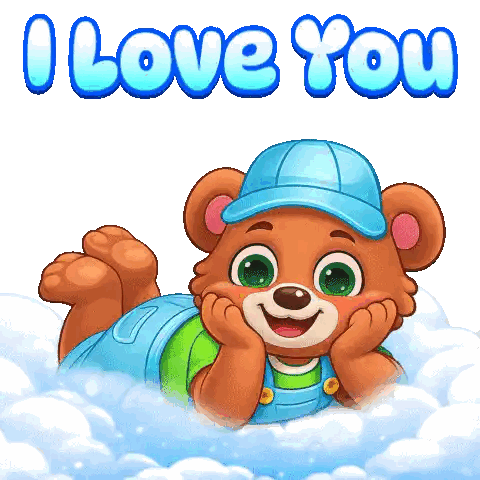 Teddy Bear In Overalls And Blue Hat Laying In Clouds I Love You Sticker