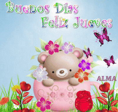 Teddy Bear In Pink Teacup Says Buenos Dias GIF