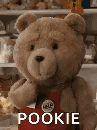 Teddy Bear In Red Apron And Tie Saying Pookie GIF